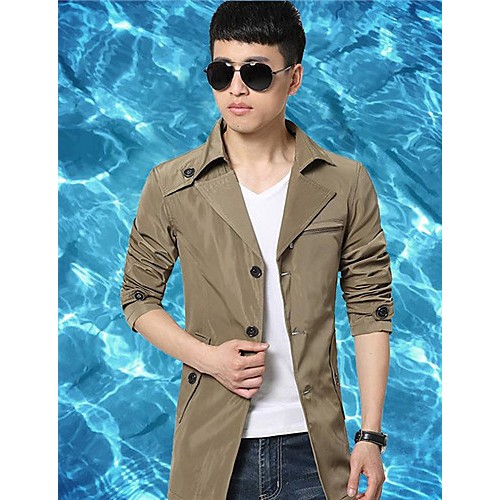 Men's Solid Casual Trench coat,Cotton / Polyester Long Sleeve-Black / Yellow