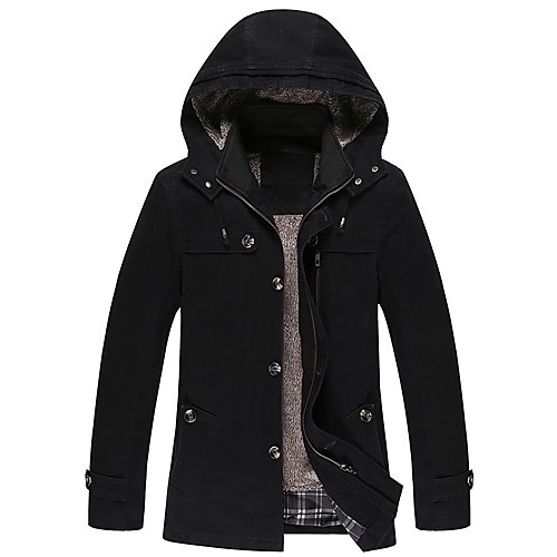 Men's Casual/Daily Vintage Trench CoatSolid Hooded Long Sleeve Fall / Winter Black / Brown Cotton / Polyester Thick