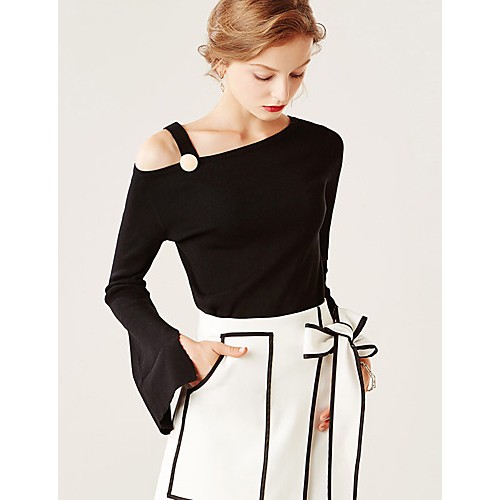 Women's Formal / Work Sexy / Simple All Seasons BlouseSolid One Shoulder Long Sleeve White / Black /