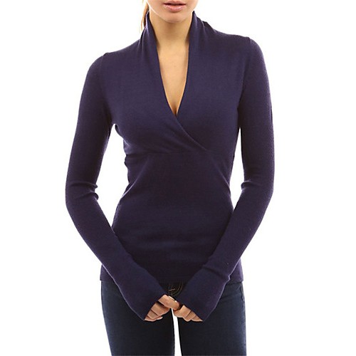 Spring / Fall Going out Casual Women's T-shirt Solid Color Sexy V Neck Long Sleeve Black / Purple Slim Tops