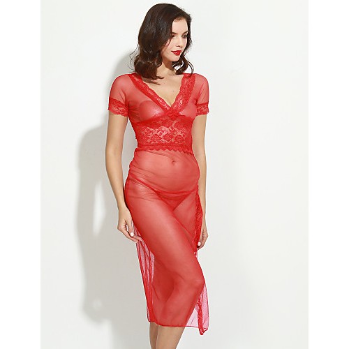 Women's Sexy Mesh and Lace V Neck Maxi Nightwear Gown