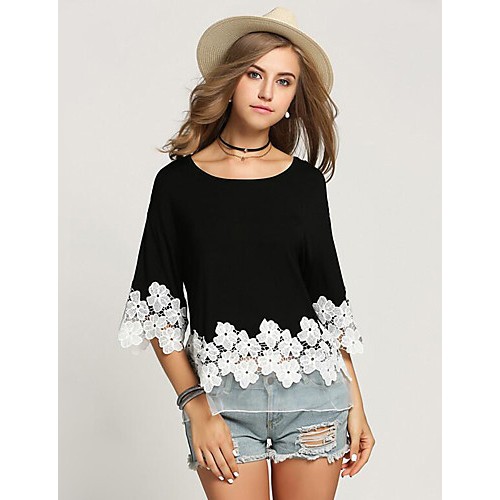 Women's Casual/Daily Street chic Summer T-shirtPatchwork Round NeckLength Sleeve Black Polyester Medium