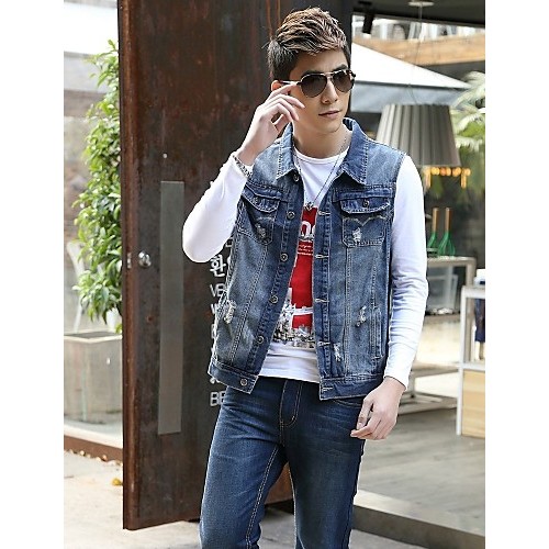 Men's Fashion Casual Solid Blue Sleevele...