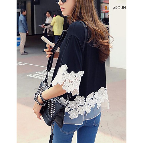 Women's Casual/Daily Street chic Summer T-shirtPatchwork Round NeckLength Sleeve Black Polyester Medium
