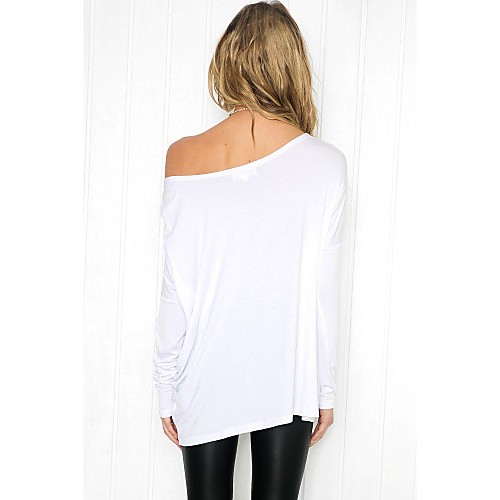 Women's Casual/Daily Sweet Sexy Fall T-shirt,Solid Round Neck Long Sleeve White / Black Cotton Medium