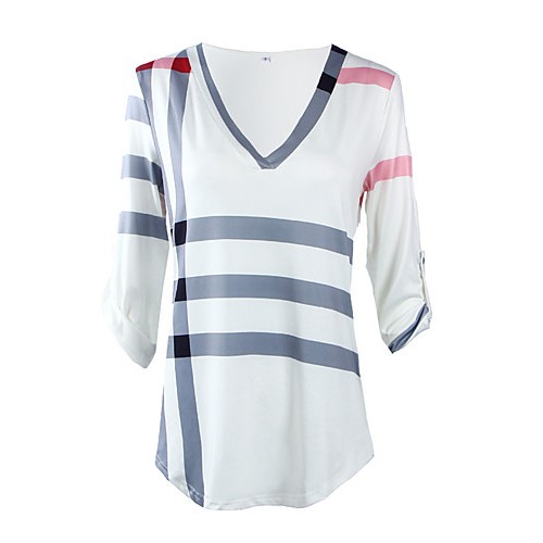 Women's Casual/Daily Vintage / Simple Fall / Winter T-shirtPlaid V NeckSleeve Pink / White / Black Cotton / Rayon Thin