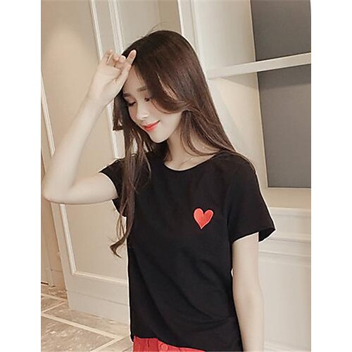 Women's Casual/Daily Simple Summer / Fall T-shirt,Solid Round Neck Short Sleeve White / Black Polyester Medium