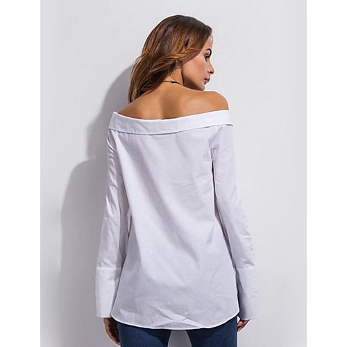 Women's Casual/Daily Street chic Spring / Fall ShirtSolid Boat Neck Long Sleeve White Cotton Medium