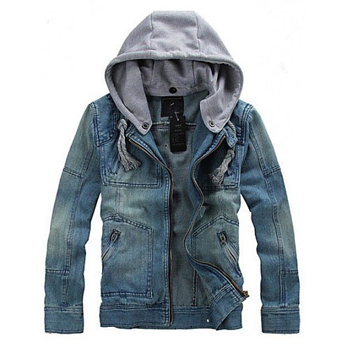 Men's Pure Long Sleeve Hooded Jacket , Denim Casual