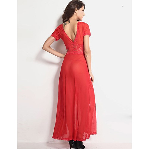 Women's Sexy Mesh and Lace V Neck Maxi Nightwear Gown