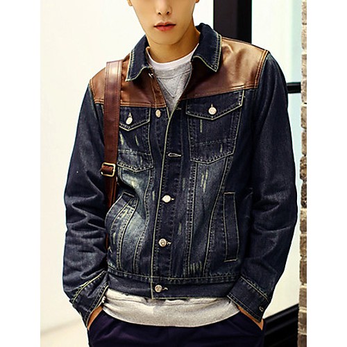 Men's Long Sleeve Casual Jacket,PU / Cotton Patchwork Blue