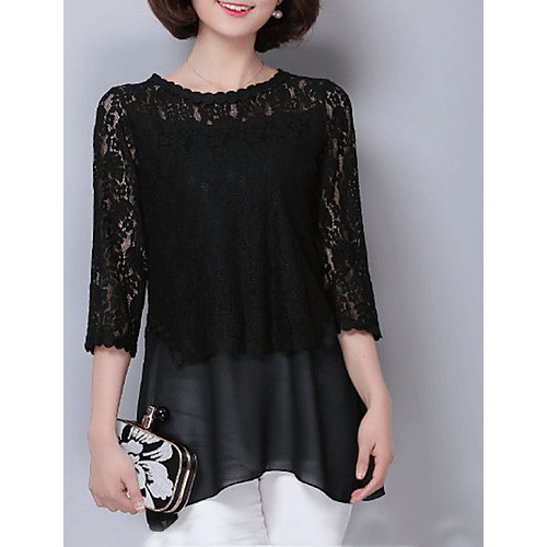Women's Casual/Daily Street chic Fall Blouse,Solid Round Neck ? Sleeve White / Black Polyester Thin