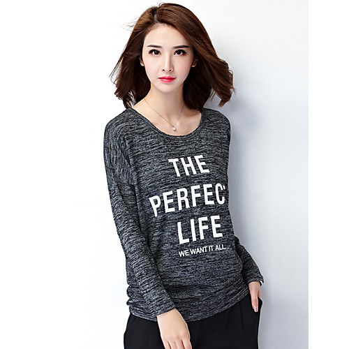 Women's Plus Size / Casual/Daily Vintage All Seasons T-shirtLetter Round Neck Long Sleeve Black Polyester Medium