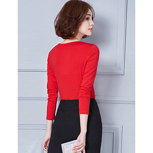 Women's Going out / Casual/Daily Simple / Street chic Fall / Winter T-shirtSolid Round Neck Long Sleeve Red / Black