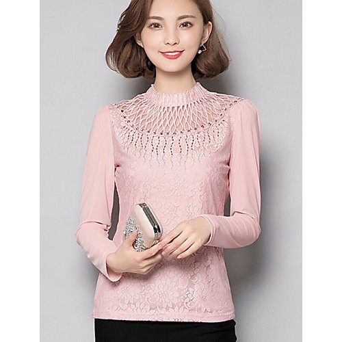 Women's Plus Size Sophisticated Fall T-shirtSolid Crew Neck Long Sleeve Pink / Black Polyester Opaque