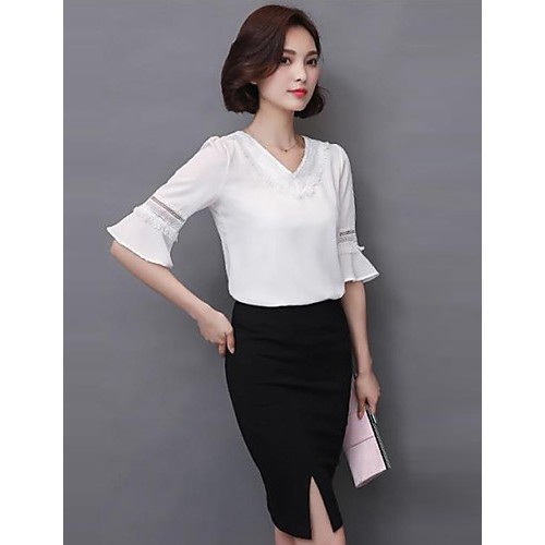 Women's Going out Street chic Fall Blouse,Solid V Neck ? Length Sleeve White Polyester Thin