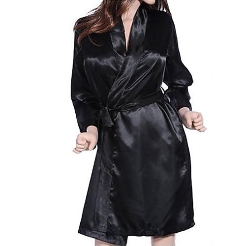 Women Robes Nightwear Solid Chiffon Lace Black