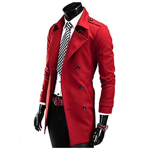 Brand Hight Quality Men's Casual/Daily Simple Trench CoatSolid Stand Long Sleeve Fall / Winter Red / Black / Gray