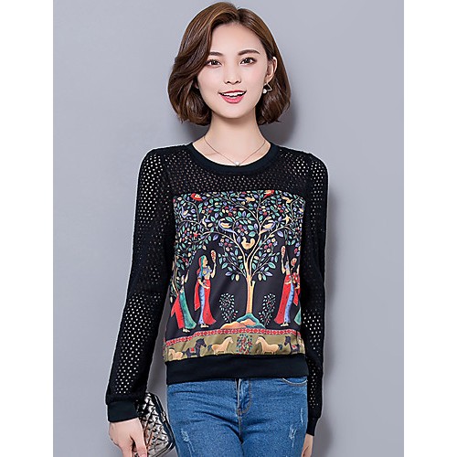 Women's Plus Size / Going out / Casual/Daily Street chic Spring / Fall T-shirtPrint / Patchwork Long Sleeve Black