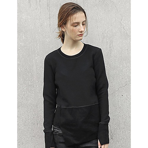 Sunny Women's Casual/Daily Simple Fall T-shirtSolid Round Neck Long Sleeve Black Cotton / Rayon / Polyester Medium