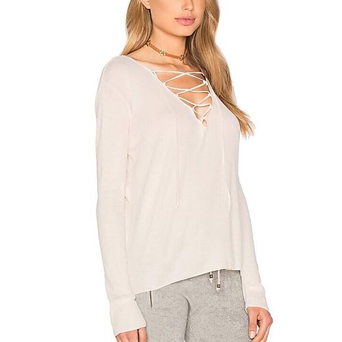Women's Going out / Casual/Daily Simple / Street chic All Seasons T-shirtSolid V Neck Long Sleeve White Cotton /