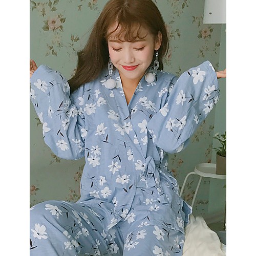 Spring and autumn cute Japanese cotton kimono pajamas female Korean long-sleeved cardigan thin section tracksuit suit