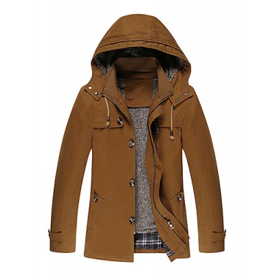 Men's Casual/Daily Vintage Trench CoatSolid Hooded Long Sleeve Fall / Winter Black / Brown Cotton / Polyester Thick