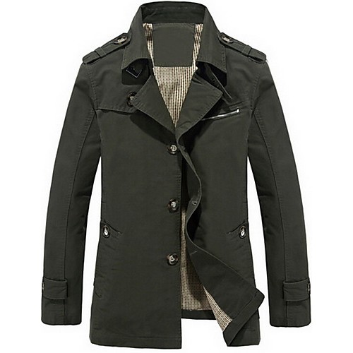 Men's Solid Casual Style Plus Sizes Trench Coat,Cotton Long Sleeve Black / Green / Yellow Fall / Winter Men's Fashion Outerwear