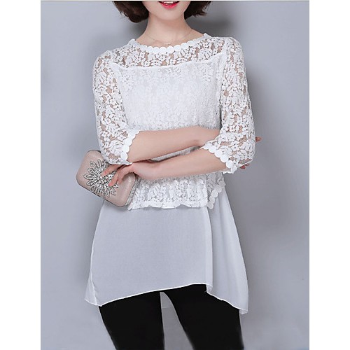 Women's Casual/Daily Street chic Fall Blouse,Solid Round Neck ? Sleeve White / Black Polyester Thin