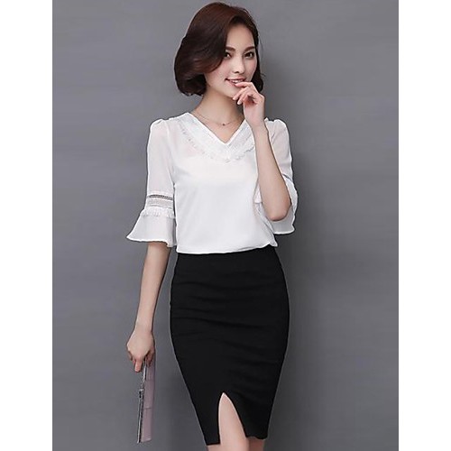 Women's Going out Street chic Fall Blouse,Solid V Neck ? Length Sleeve White Polyester Thin