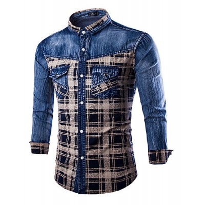 Men's Plaids & Checks Long Sleeve Top , Cotton / Denim Casual