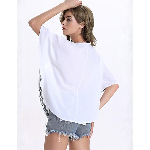 Women's Casual/Daily Sexy Summer Shirt,Embroidered Round Neck ? Length Sleeve White Polyester Opaque