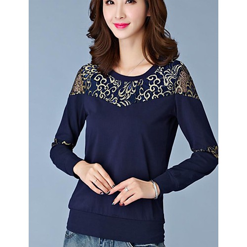 Women's Casual/Daily Simple Fall T-shirtEmbroidered Round Neck Long Sleeve Blue / Black Cotton Opaque