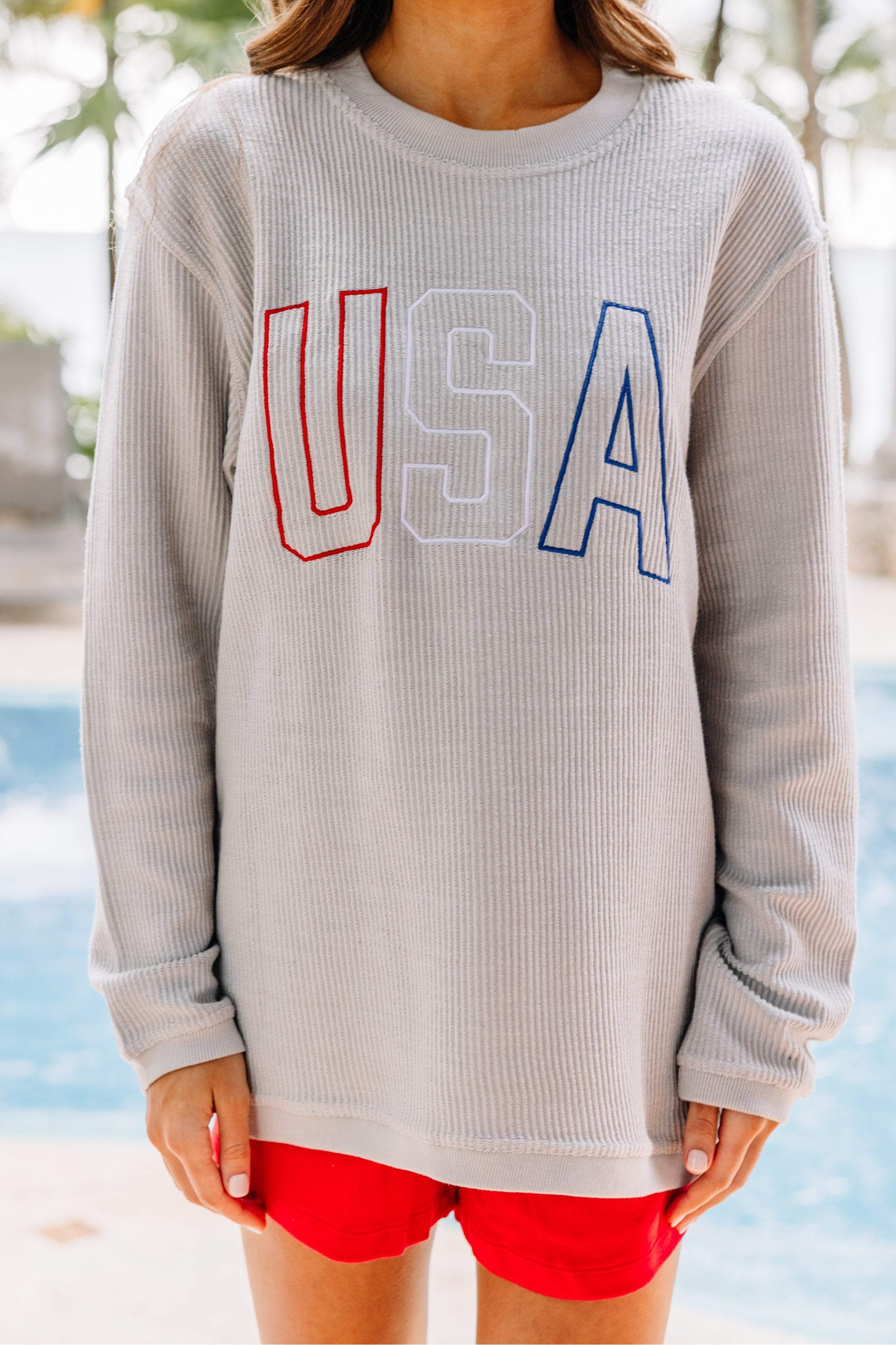 USA Silver Gray Embroidered Corded Sweat...