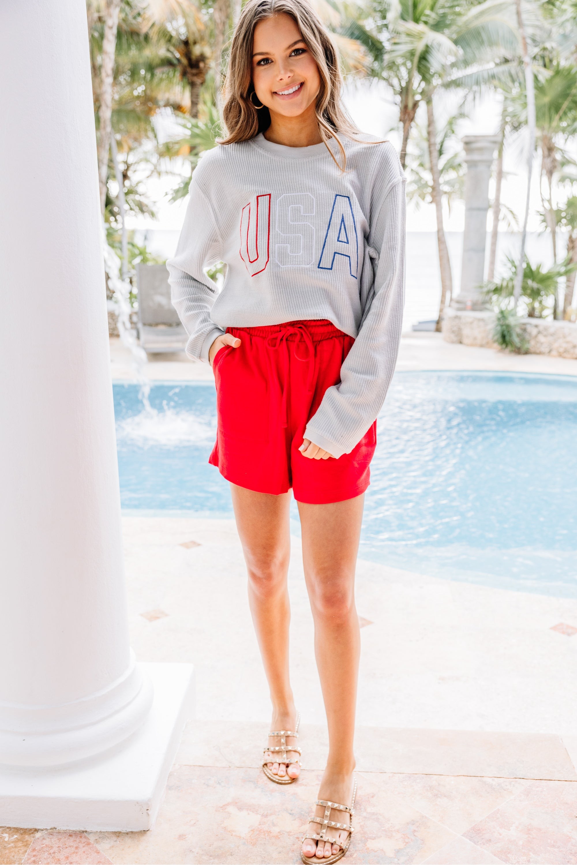 USA Silver Gray Embroidered Corded Sweatshirt
