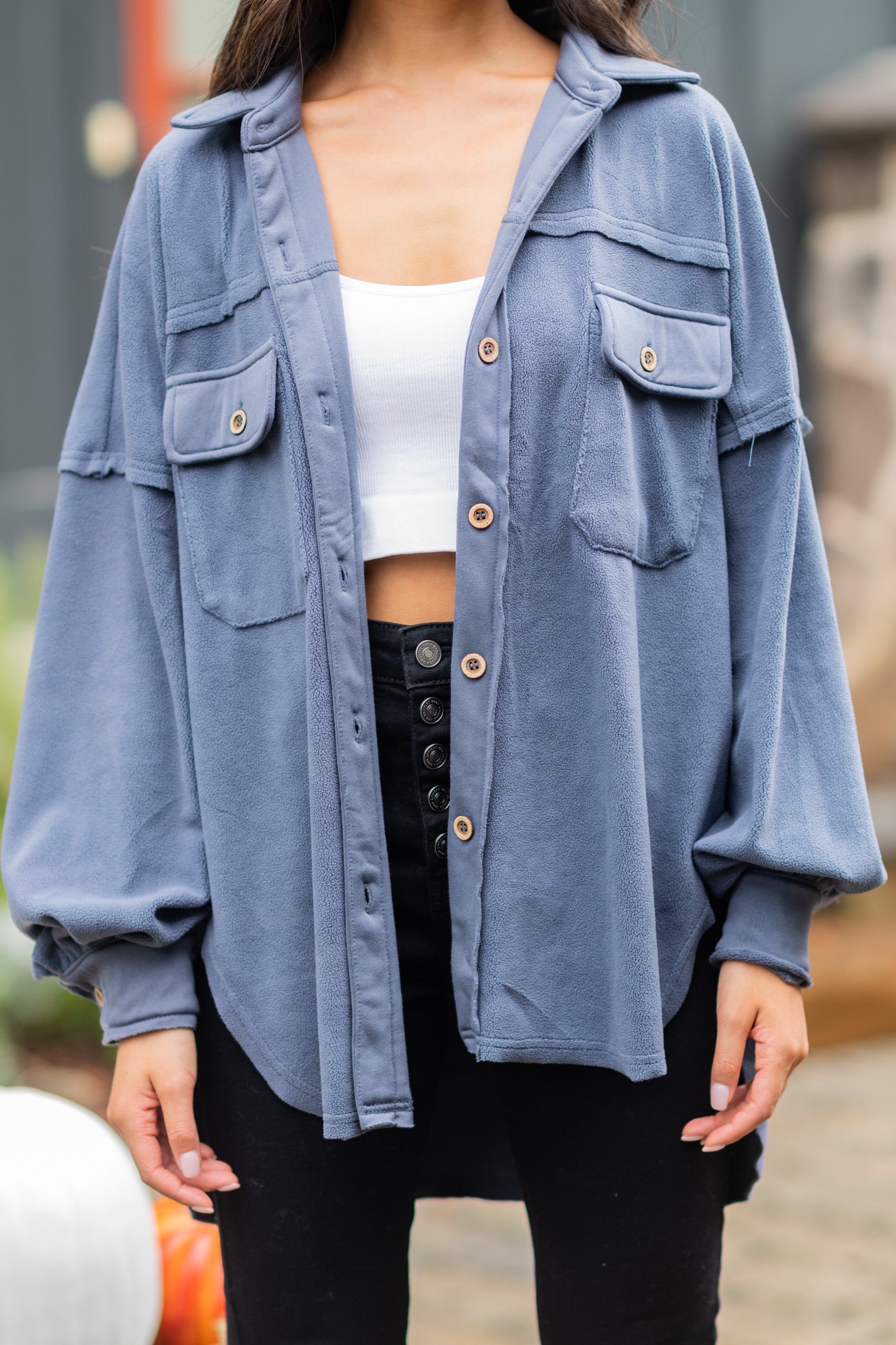 Easy Disposition Gray Blue Fleece Shacket
