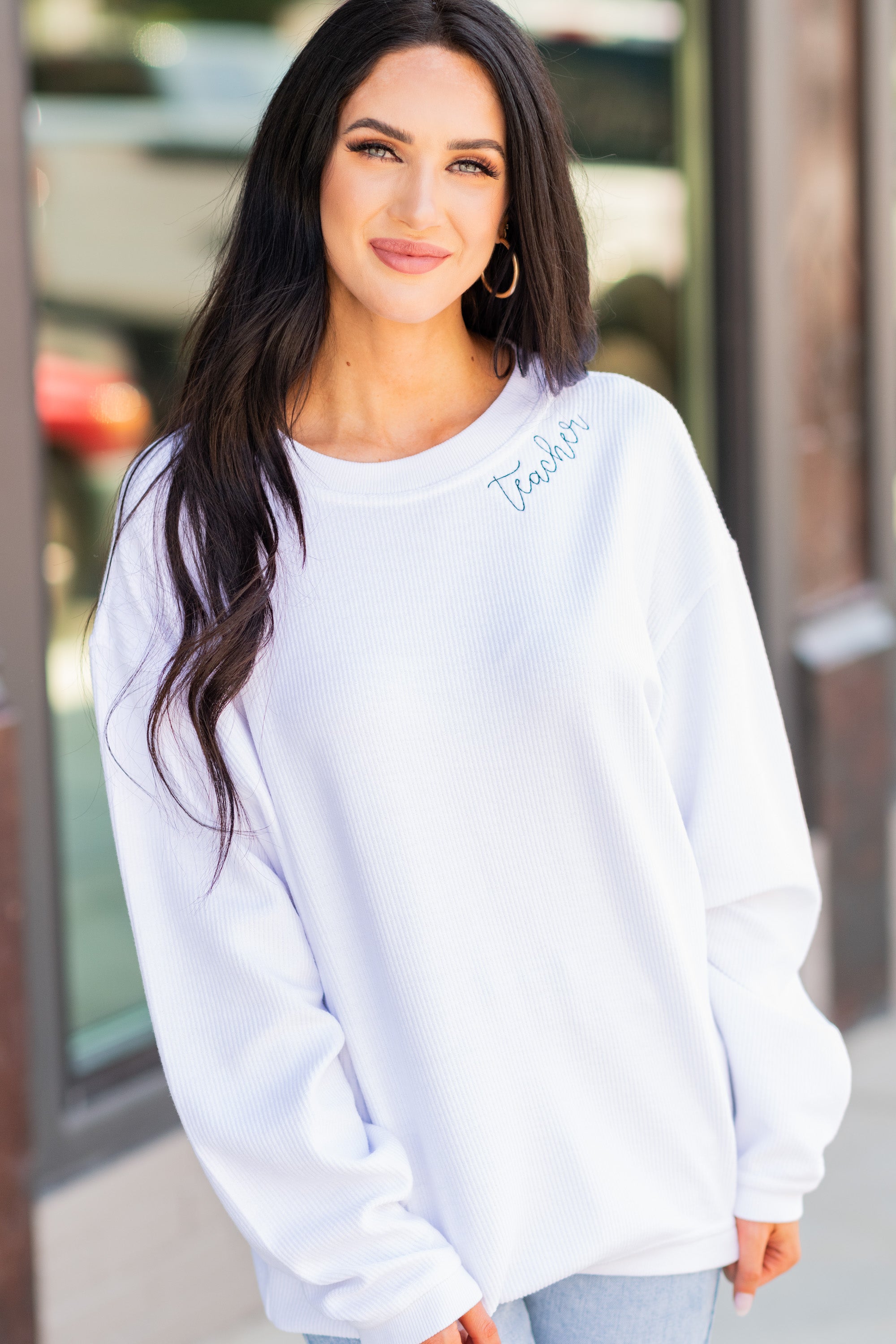 Teacher White Corded Embroidered Sweatsh...