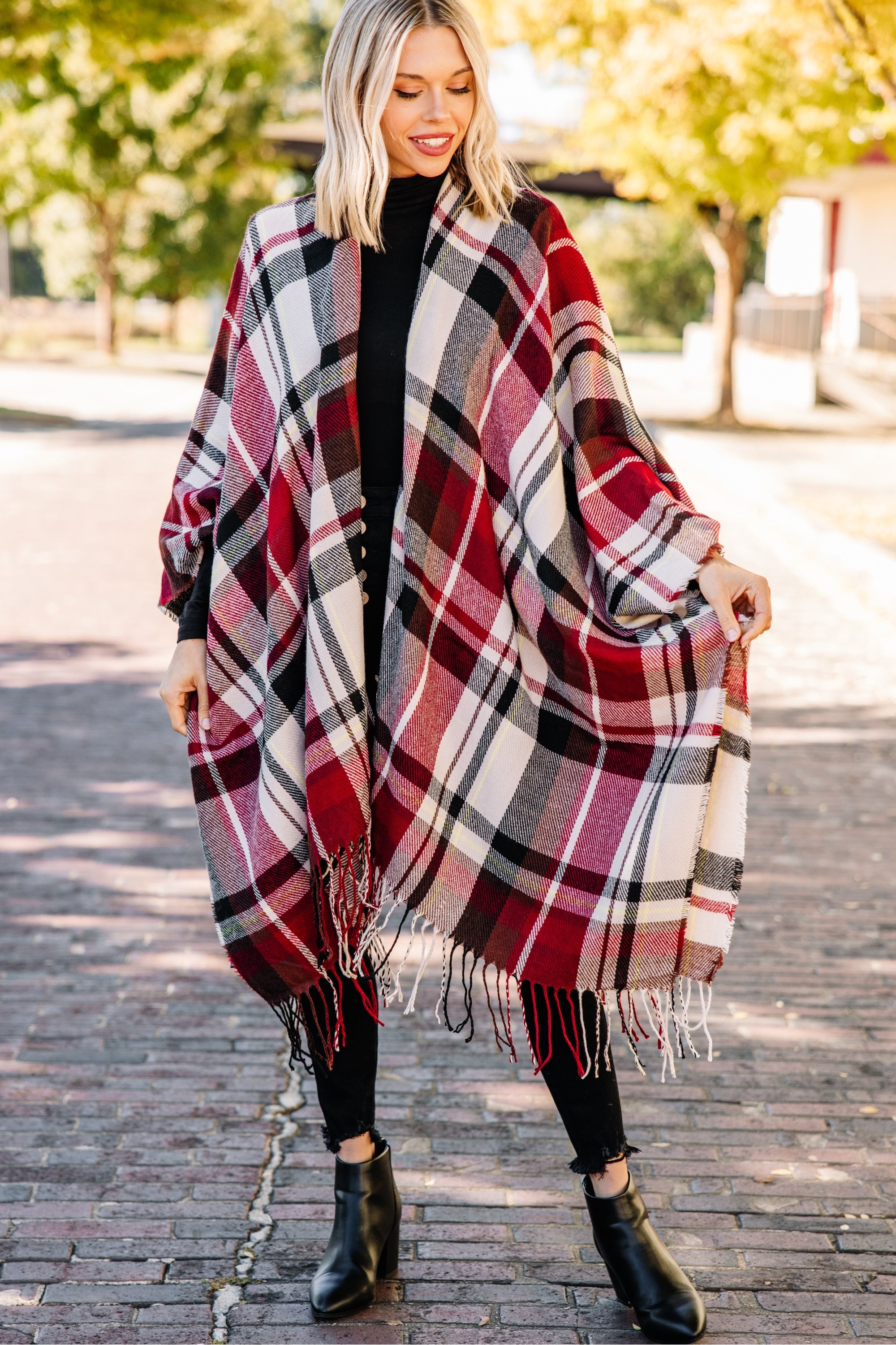 Let Me Go Red Plaid Poncho
