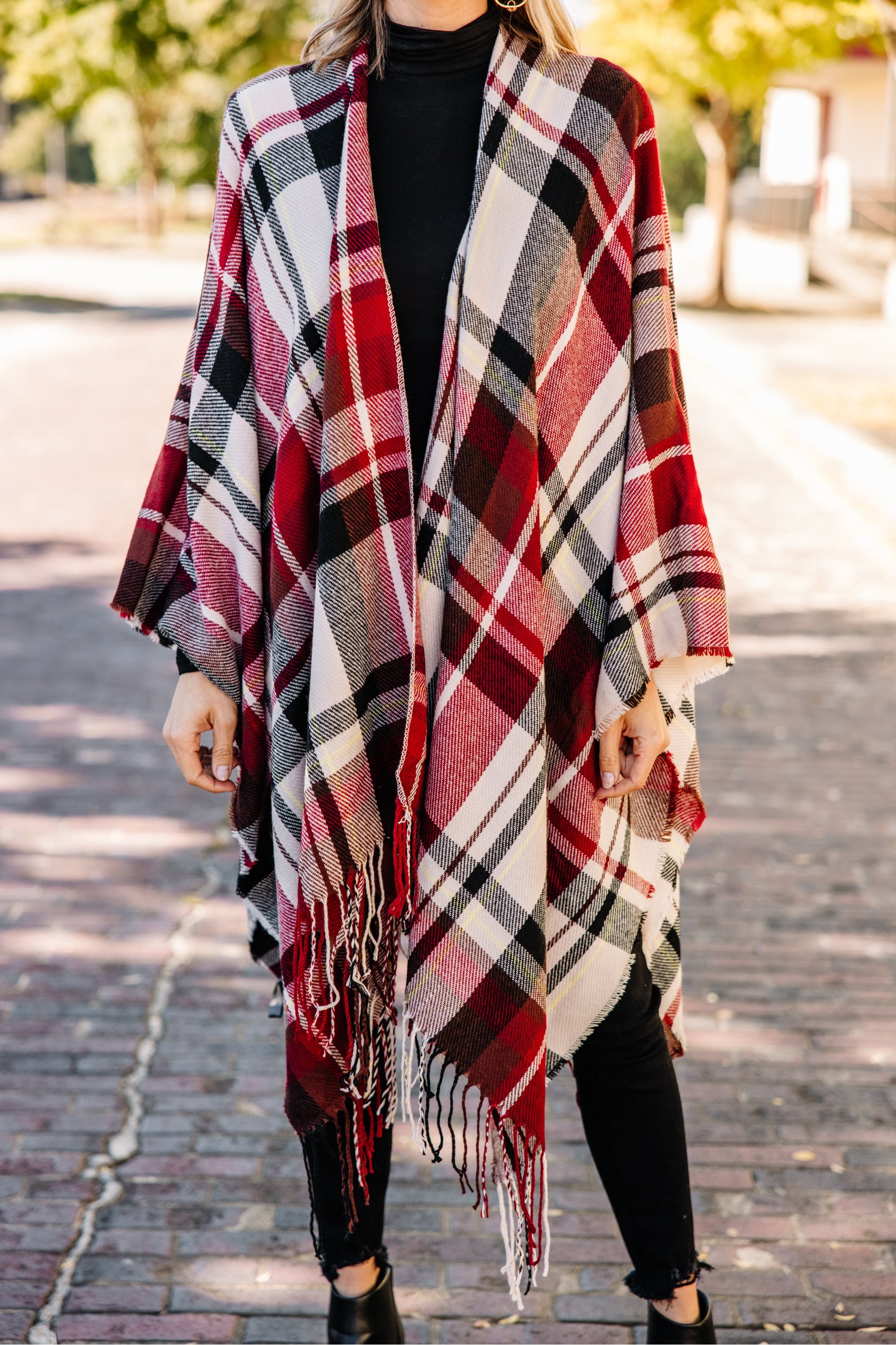 Let Me Go Red Plaid Poncho
