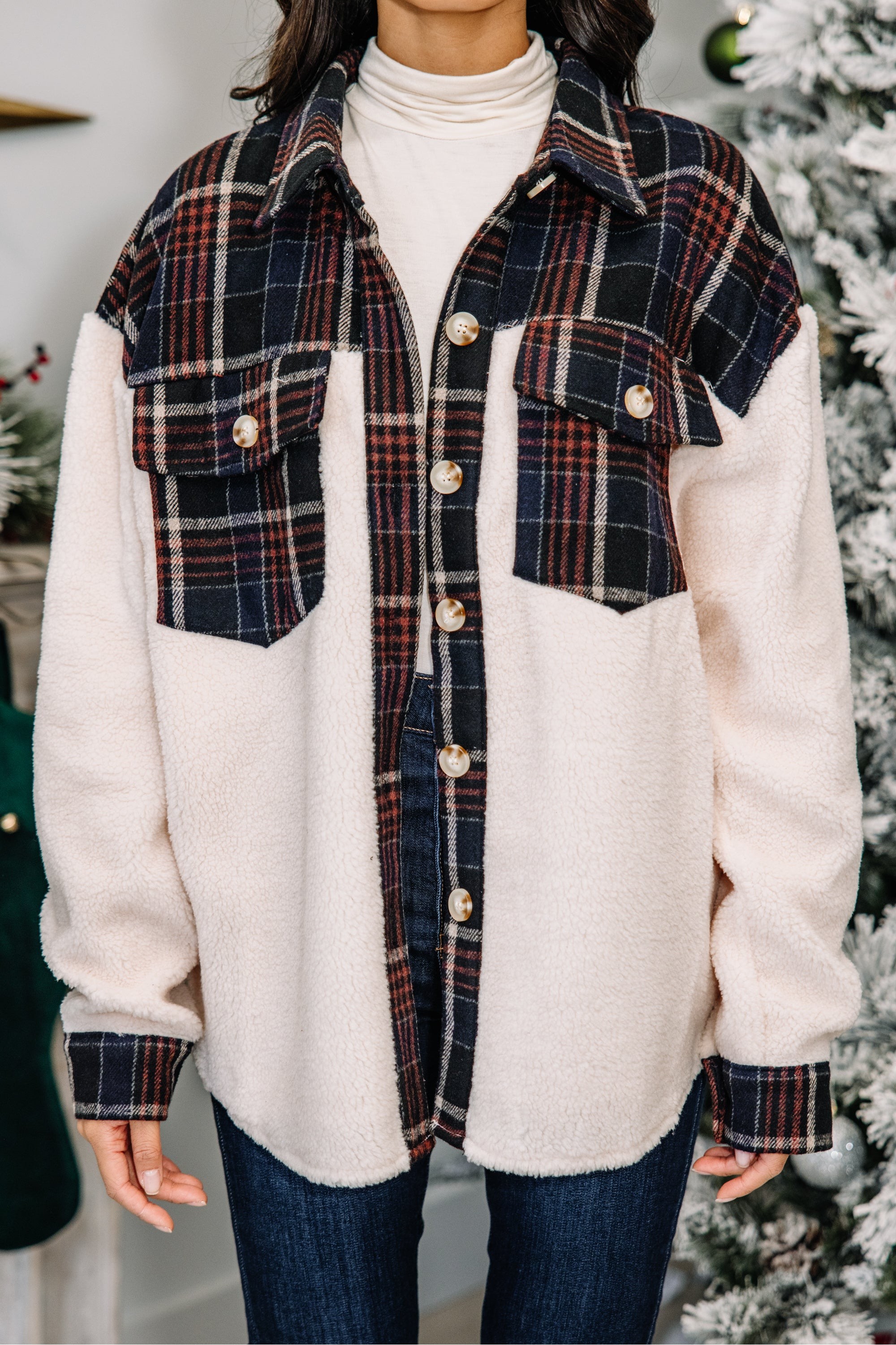 All Your Own Navy Blue Plaid Sherpa Jacket