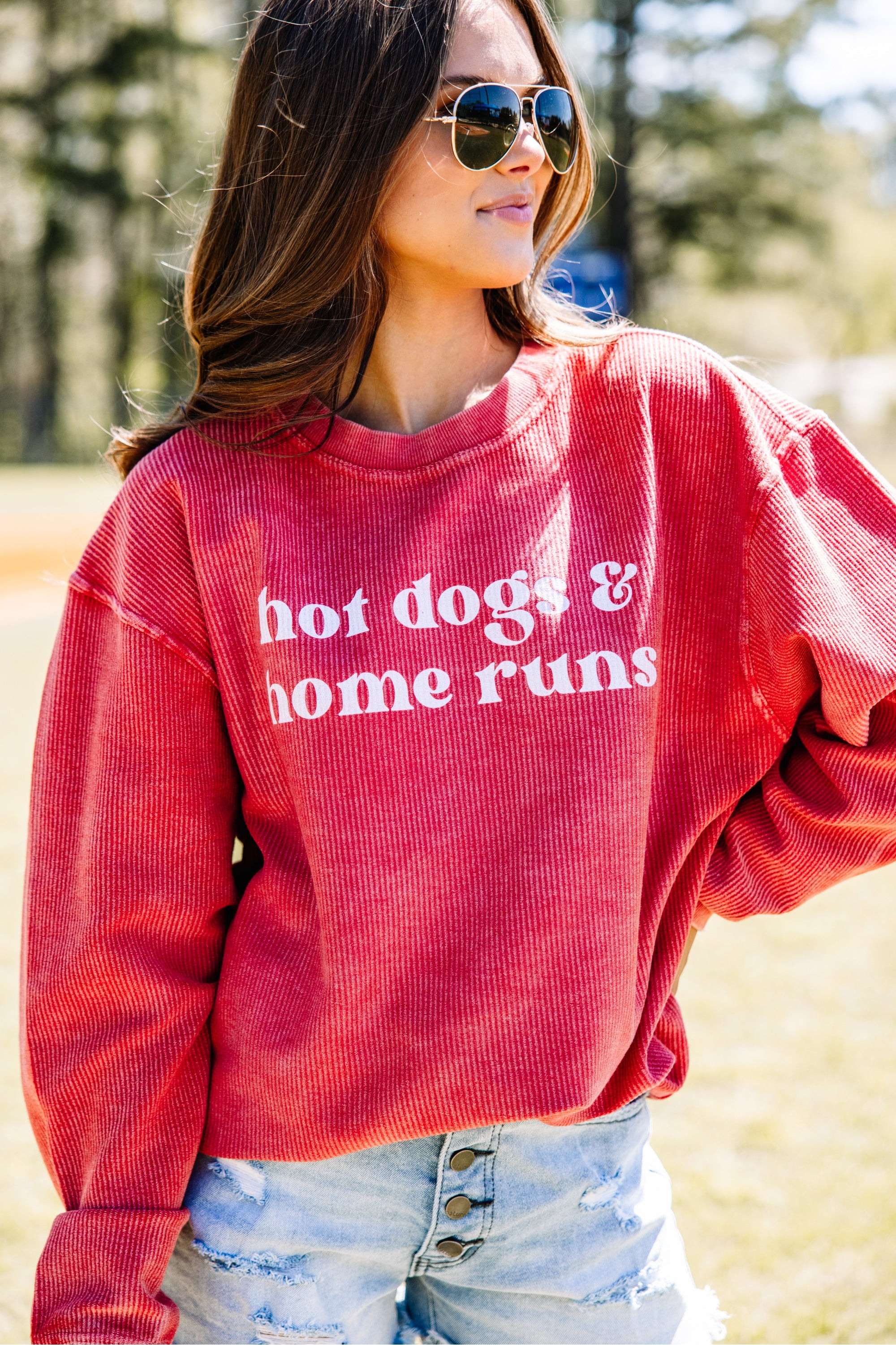 Hot Dogs & Home Runs Red Corded Graphic Sweatshirt