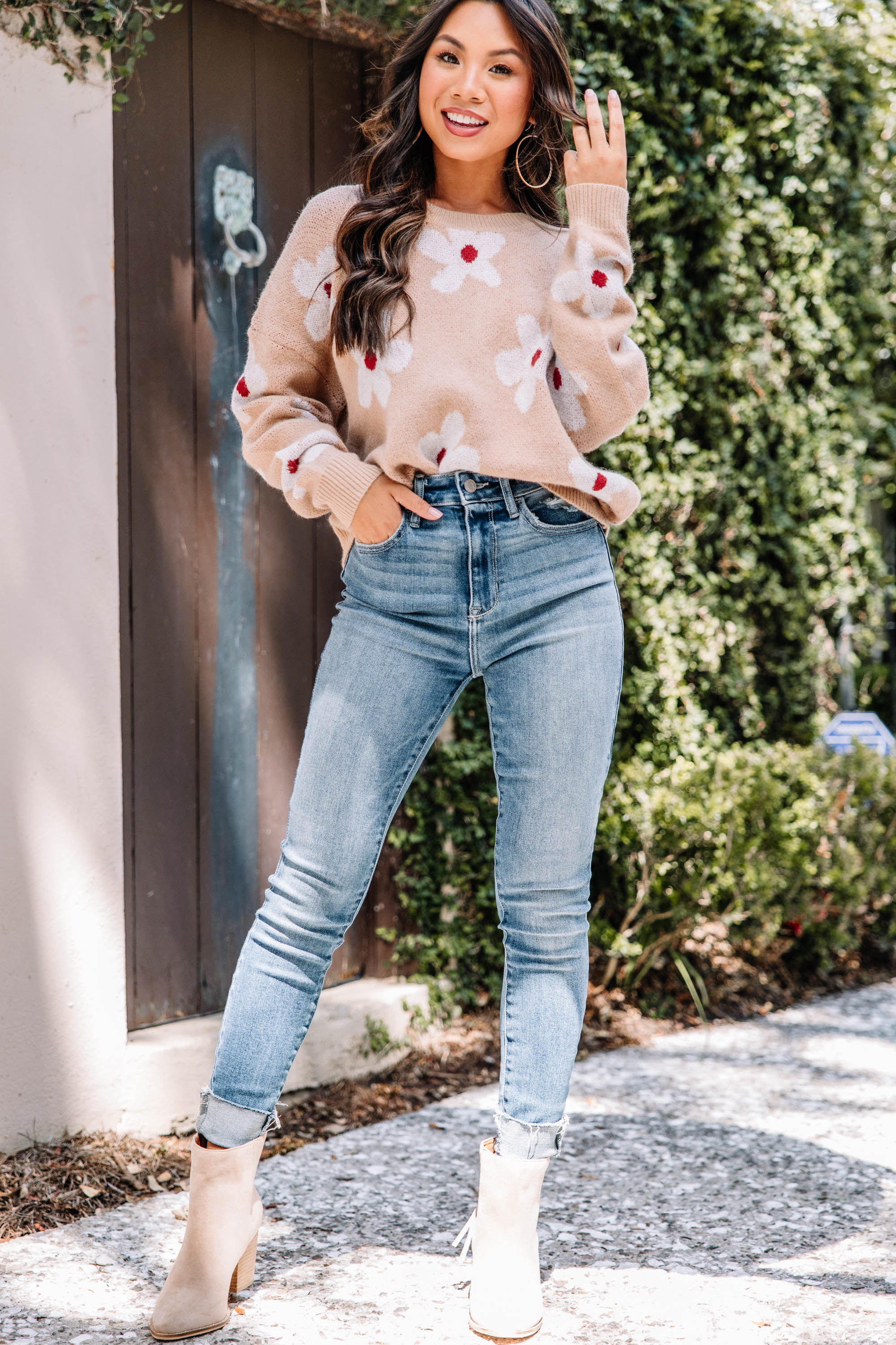 Feeling Myself Sand Brown Floral Sweater