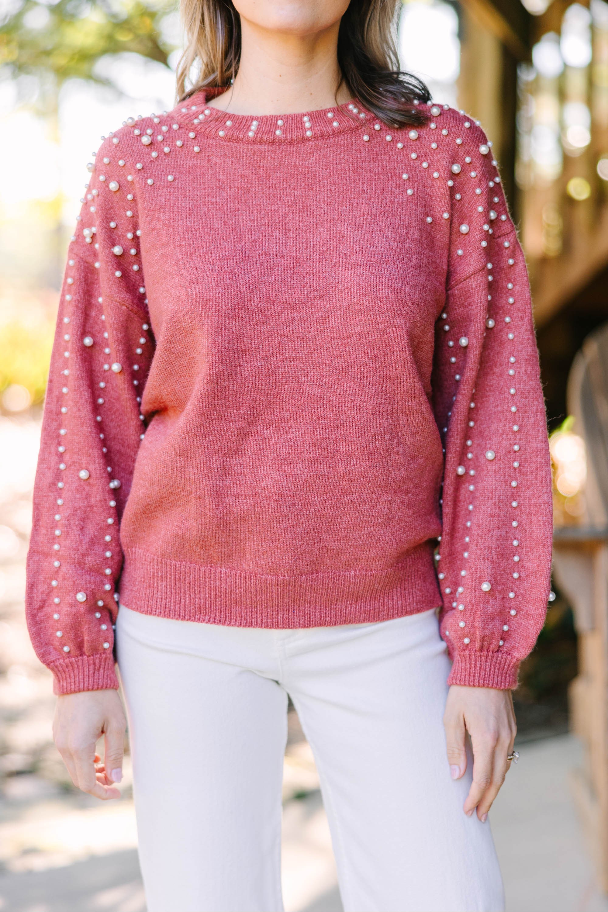 Can't Help But Love Amber Orange Pearl Studded Sweater