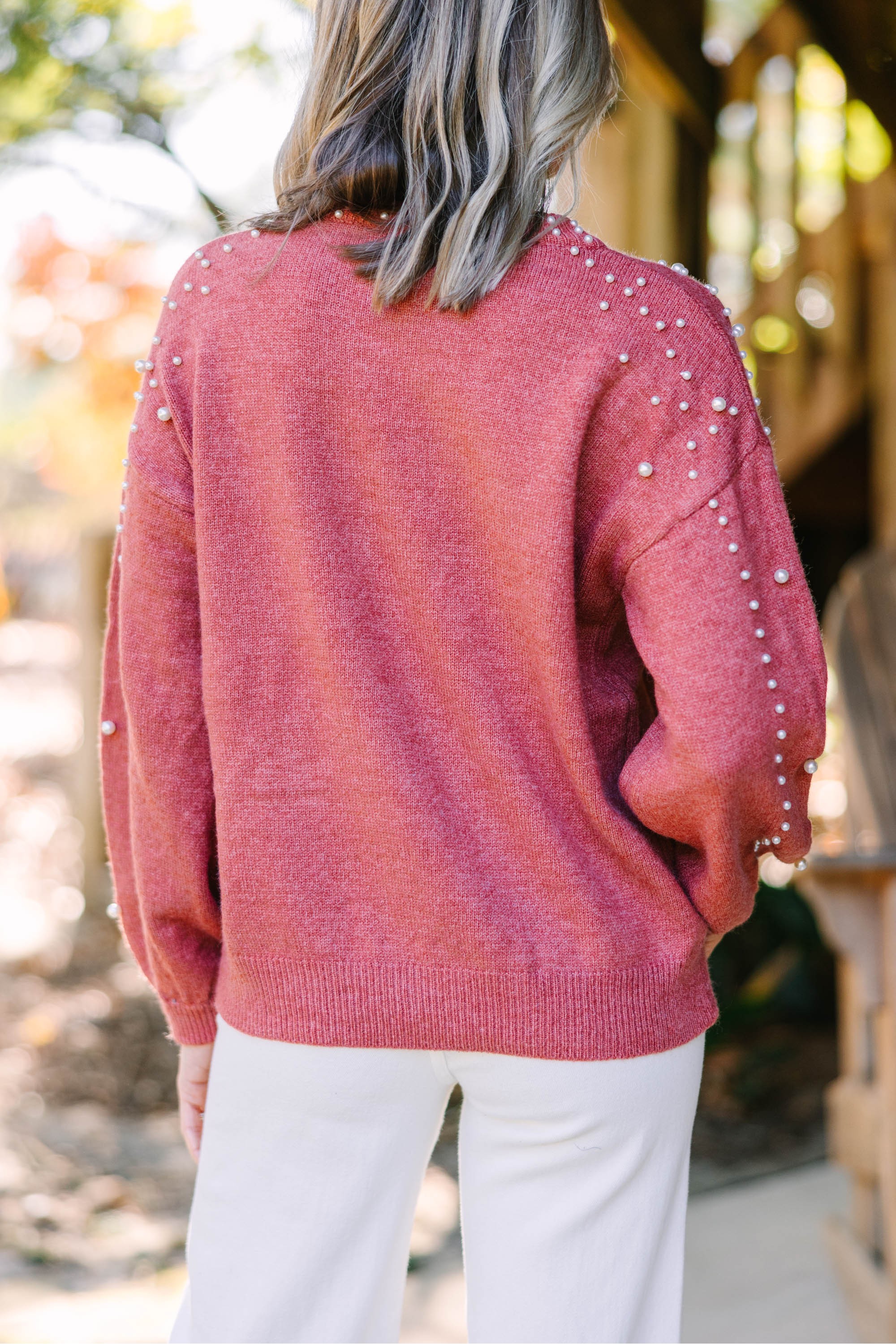 Can't Help But Love Amber Orange Pearl Studded Sweater