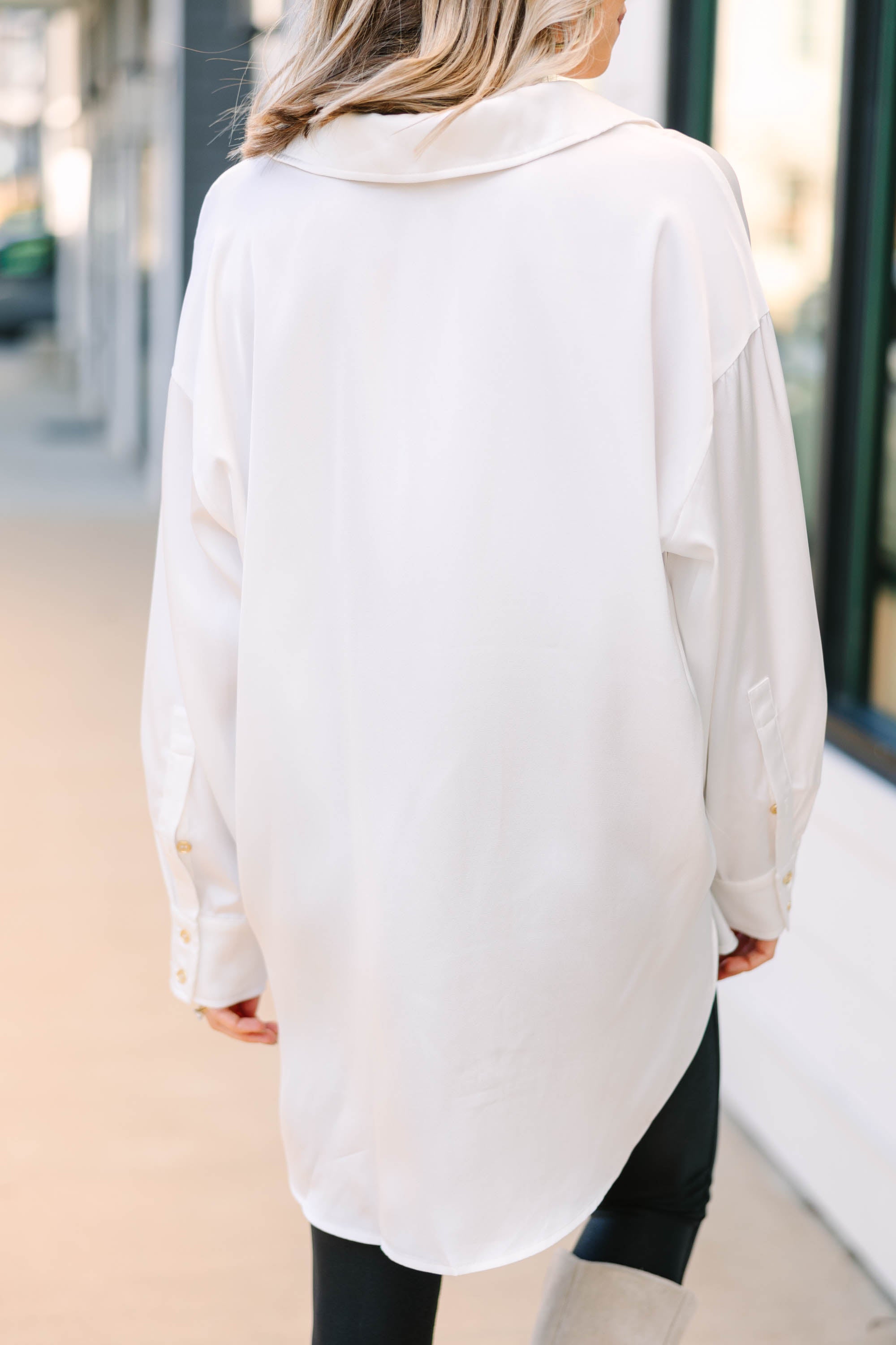 On The Agenda Off White Satin Button Down Blouse