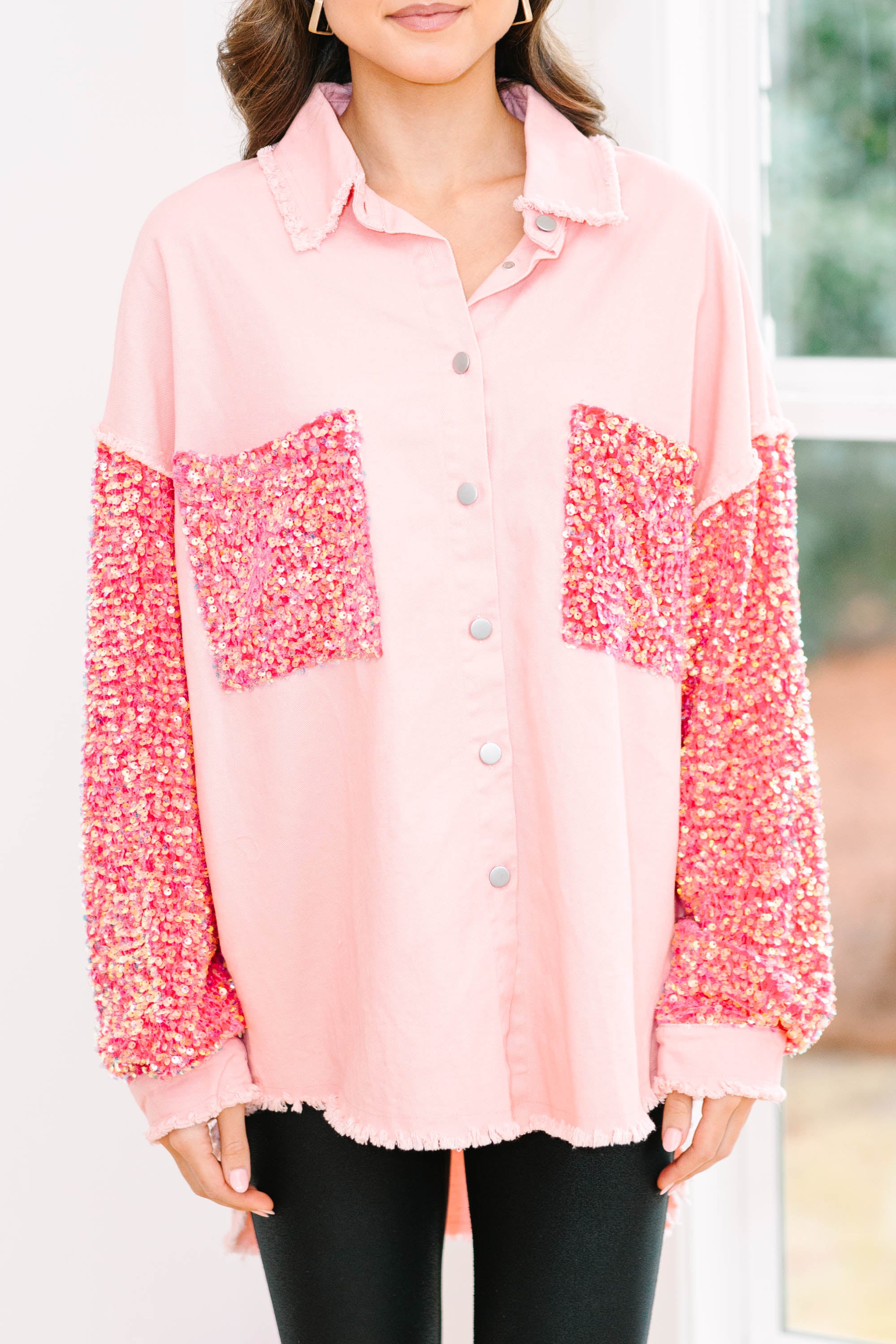 Let's Go Peach Pink Sequin Sleeve Shacket