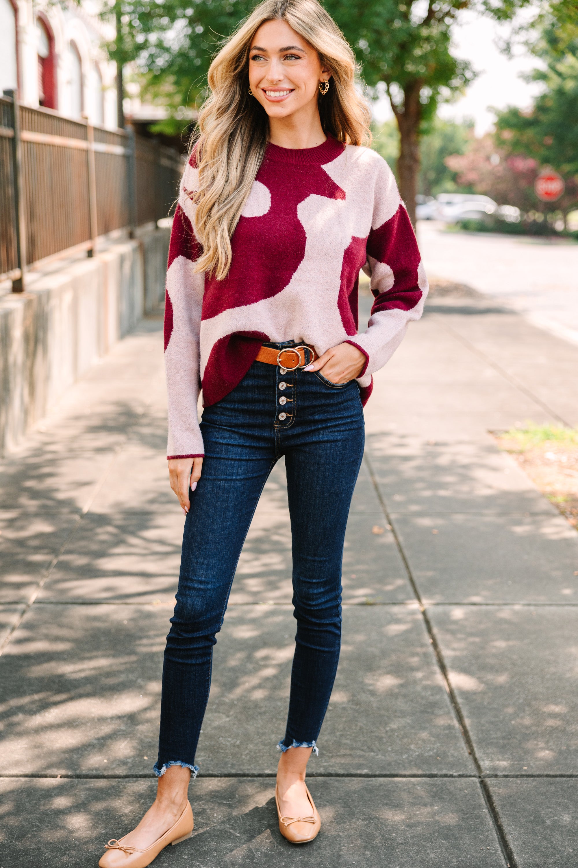 Move On Over Burgundy Red Cow Print Swea...