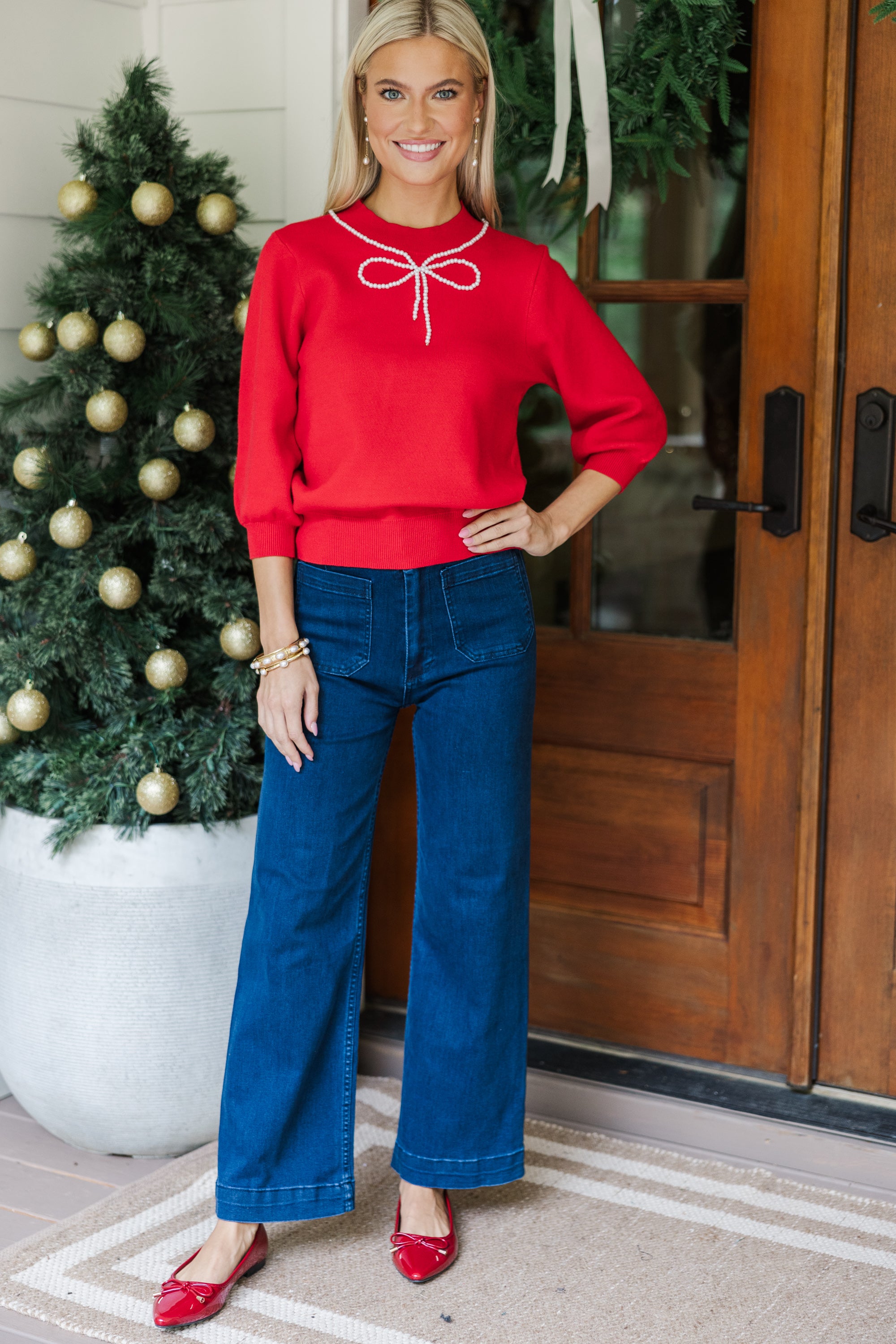 Another Day Red Pearl Embellished Sweater