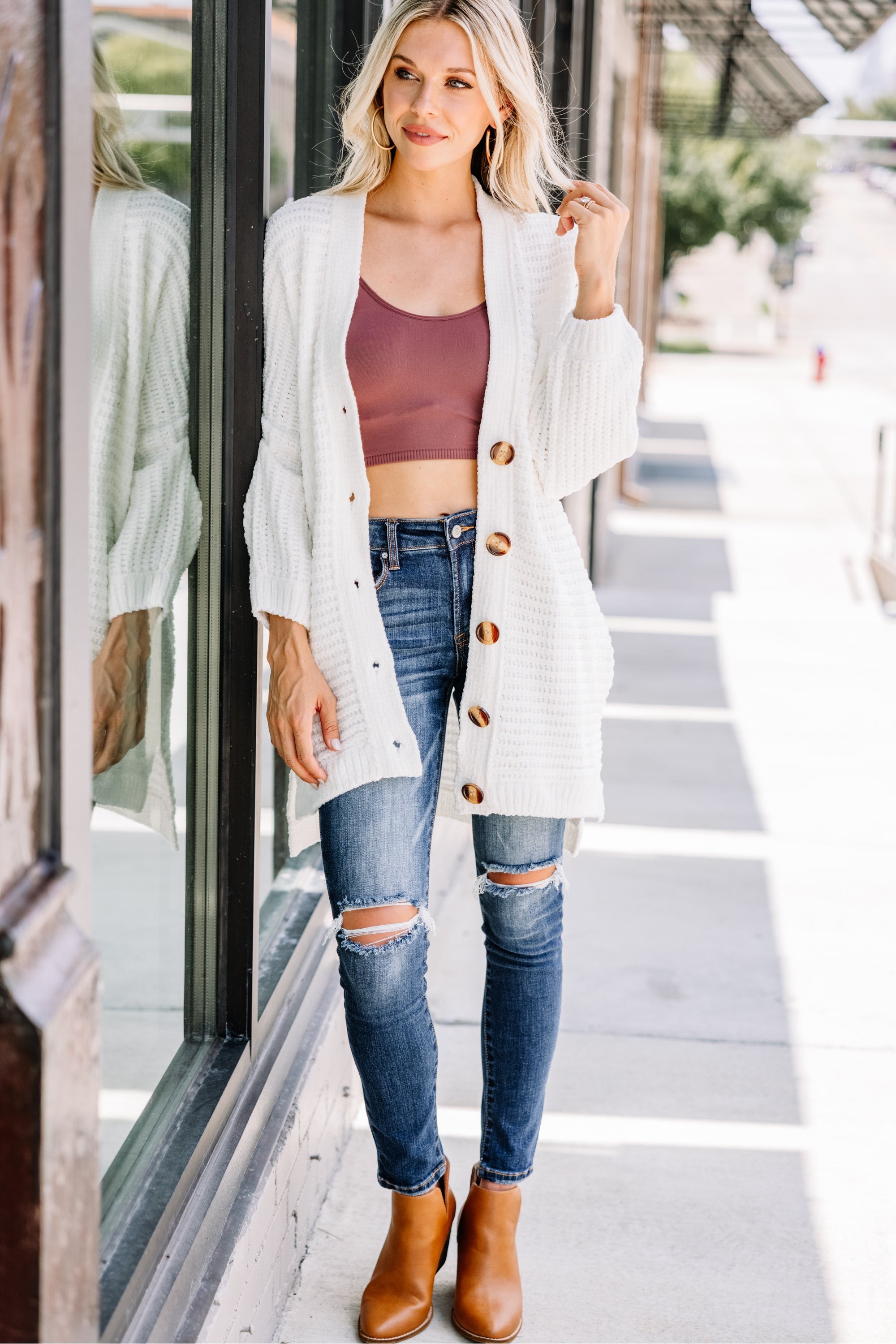 Created Comfort Ivory White Chenille Cardigan