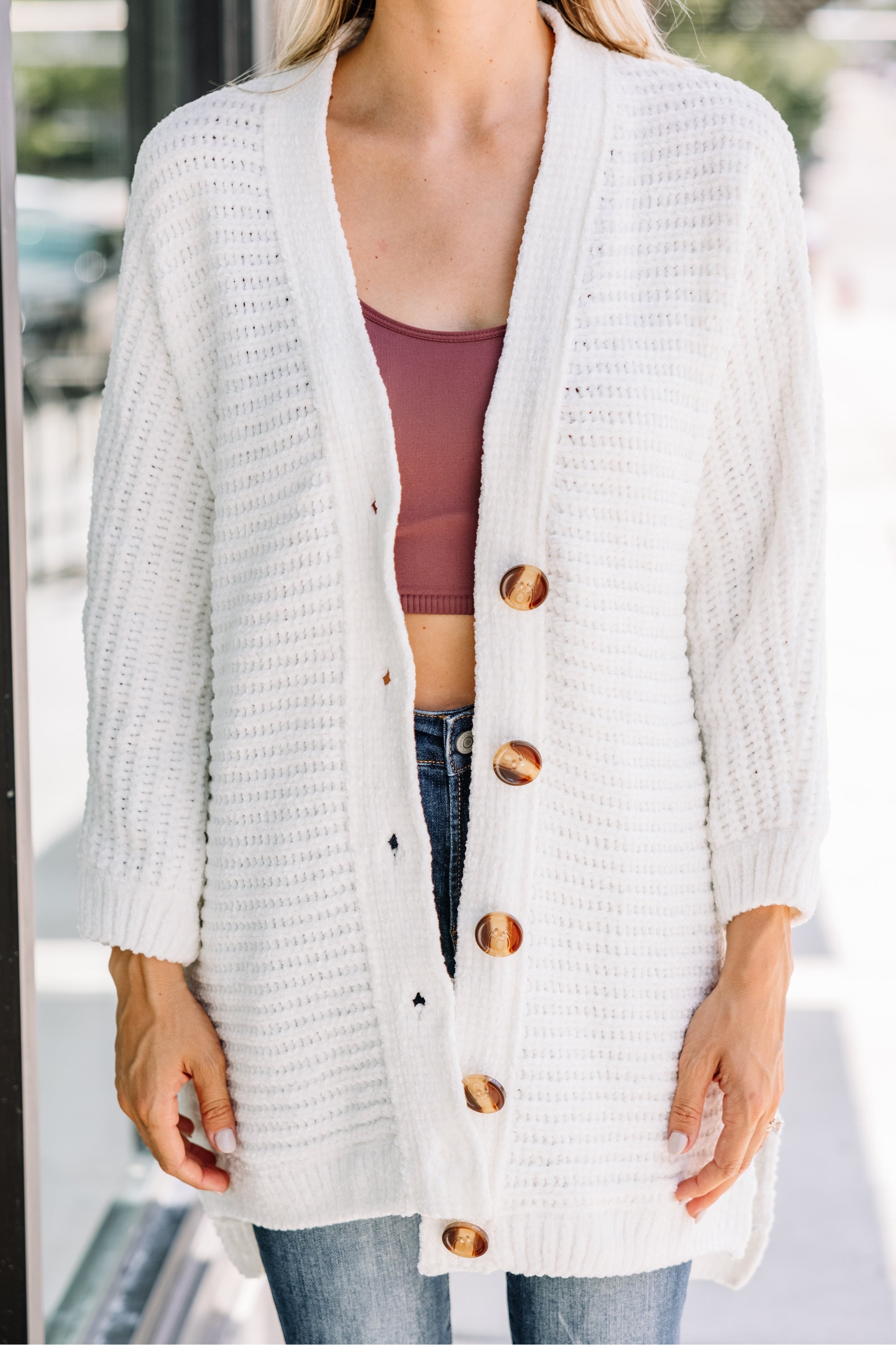 Created Comfort Ivory White Chenille Cardigan